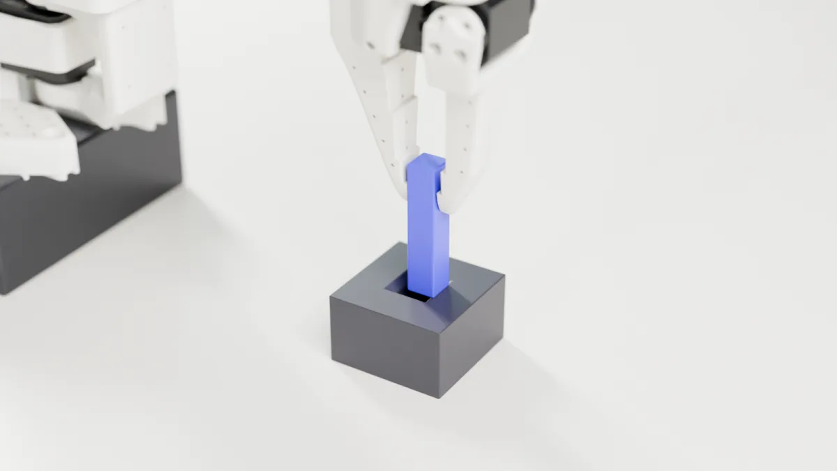 The arm has pushed the violet peg straight down beside the hole, and it has stopped on the fixture's rim.